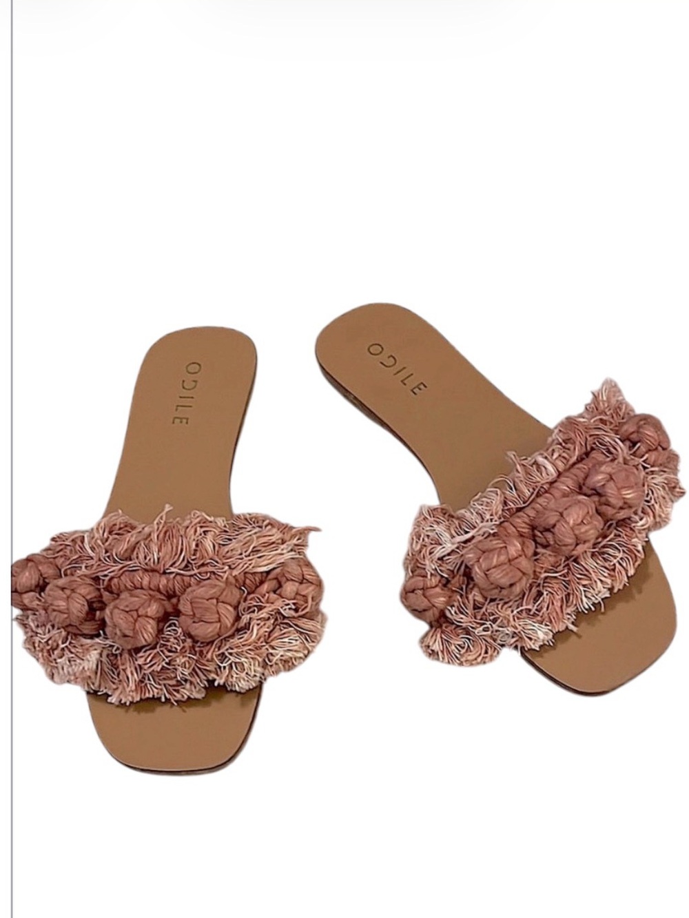 Odile Womens Rose Pink Slide Knot Fringe Macrame Strap Slip On Mule Flat Sandals